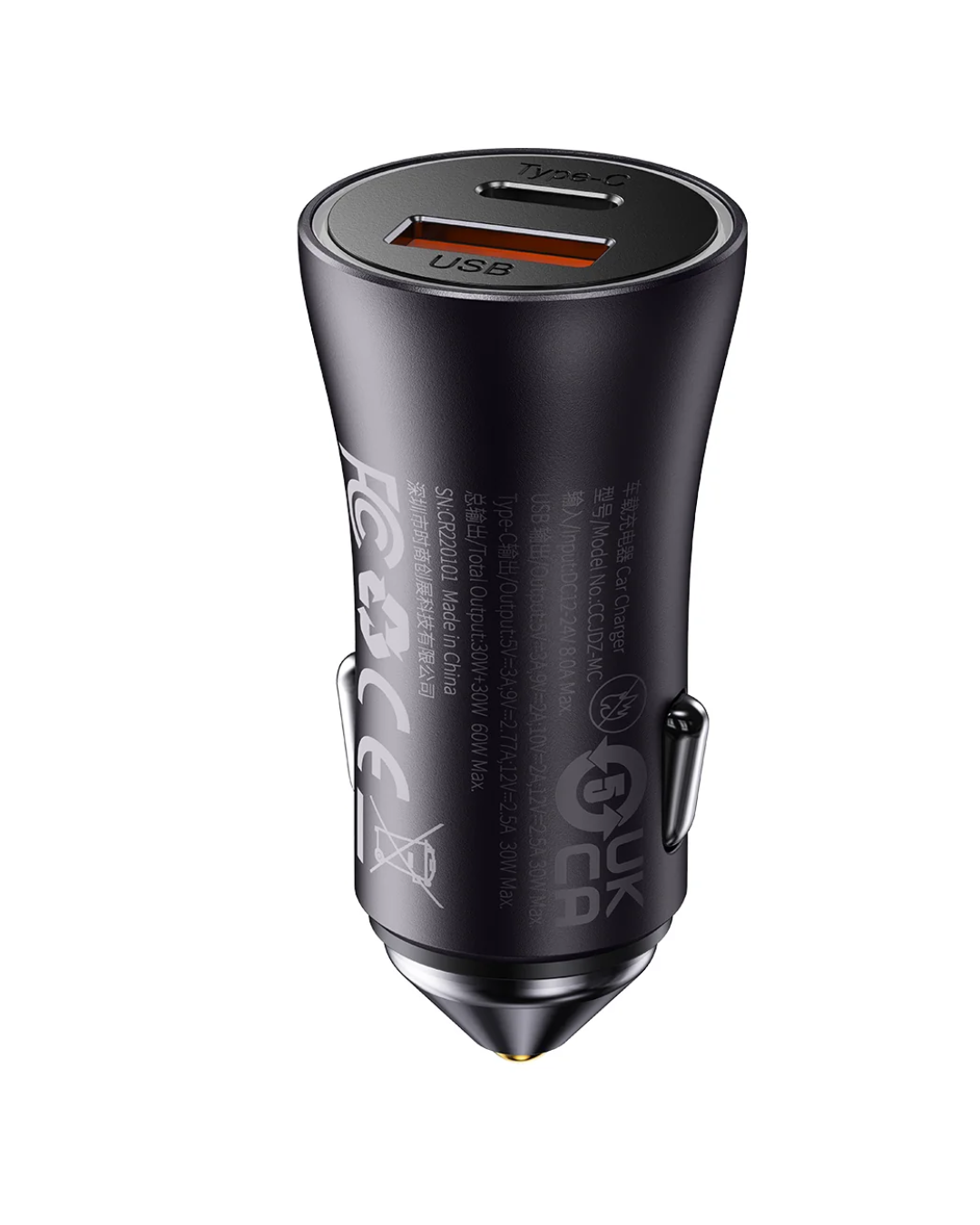 Baseus Golden Contactor Max Fast Car Charger USB + USB Type C 60 W Quick Charge Dark Grey