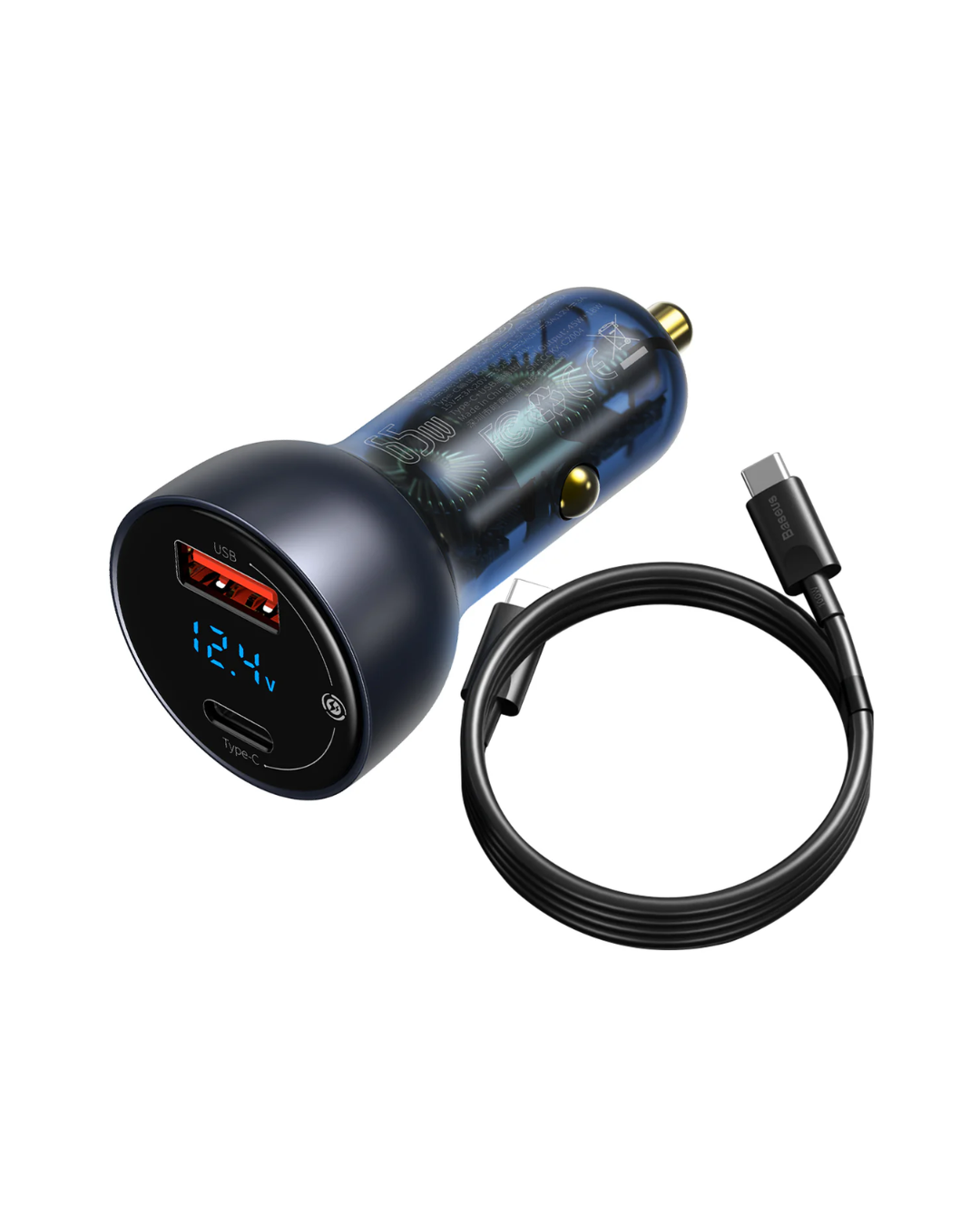 Baseus USB / USB Type C Car Charger 65 W 5 A SCP Quick Charge 4.0+ Power Delivery 3.0 LCD Screen + USB Type C - USB Type C Cable Grey