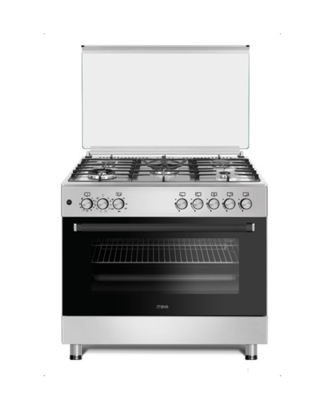 MIKA Standing Cooker, 90cm x 60cm, 5 Gas Pool Jet Burners (2 Wok), FLAME FAILURE SAFETY, Auto Ignition, 10 Function Full 90cm Electric Oven (Air Fry+Convection Fan), Rotisserie